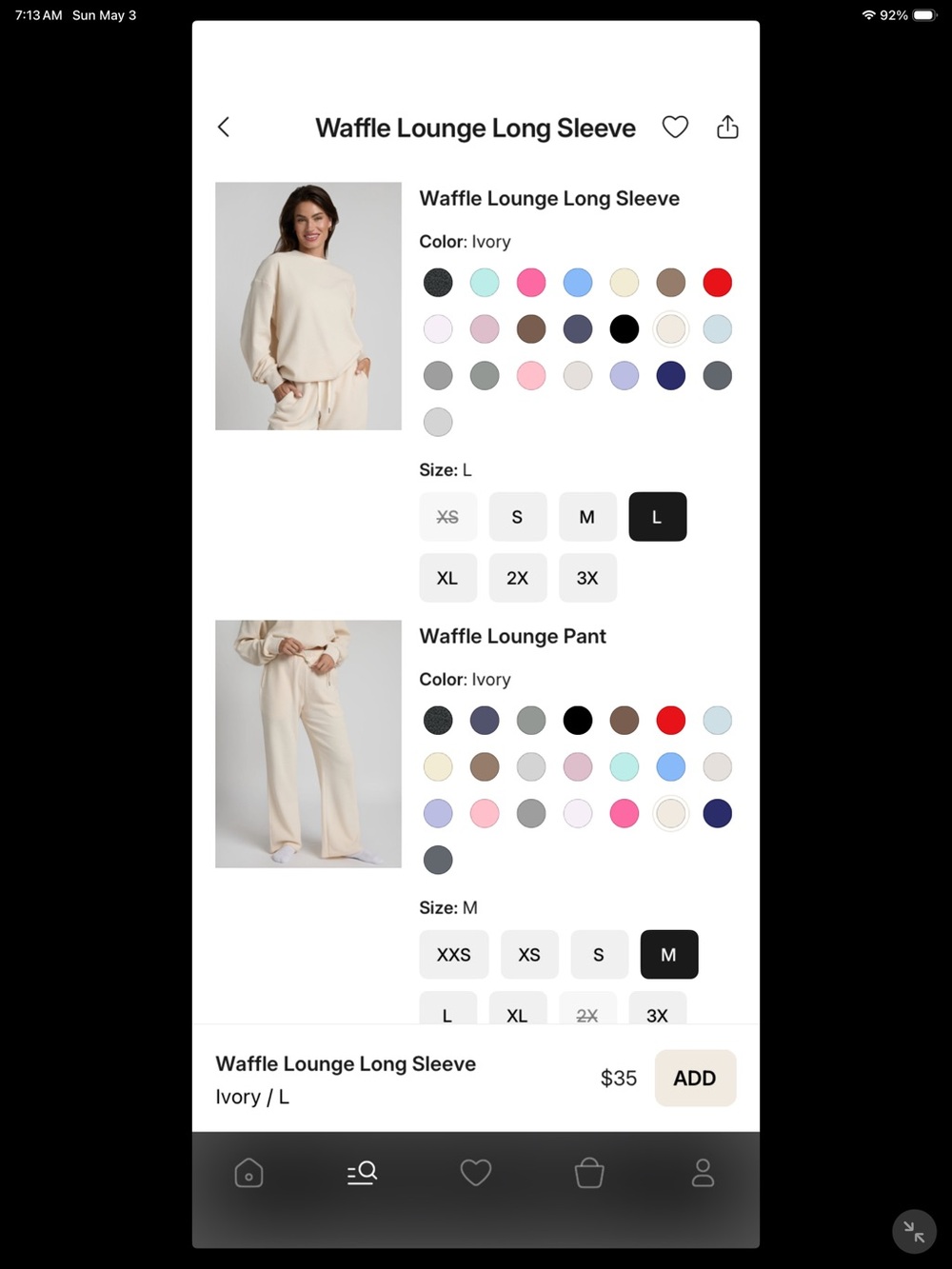 Ivory Waffle Lounge Wide-Leg Pant  M  top L